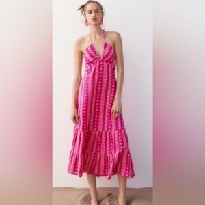 ZARA PINK CUTWORK EMBROIDERED MIDI OPEN BACK SUMMER DRESS SIZE S